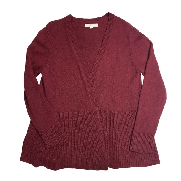 🆕 LOFT Italian Yarn Knit Burgundy Draped Waterfall Chunky Knit Cardigan Sweater - Picture 3 of 8
